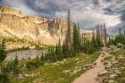 Wyoming, Medicine Bow National Forest, Snowy Range. Landscape with mountain and Lookout Lake Trail. Art Print